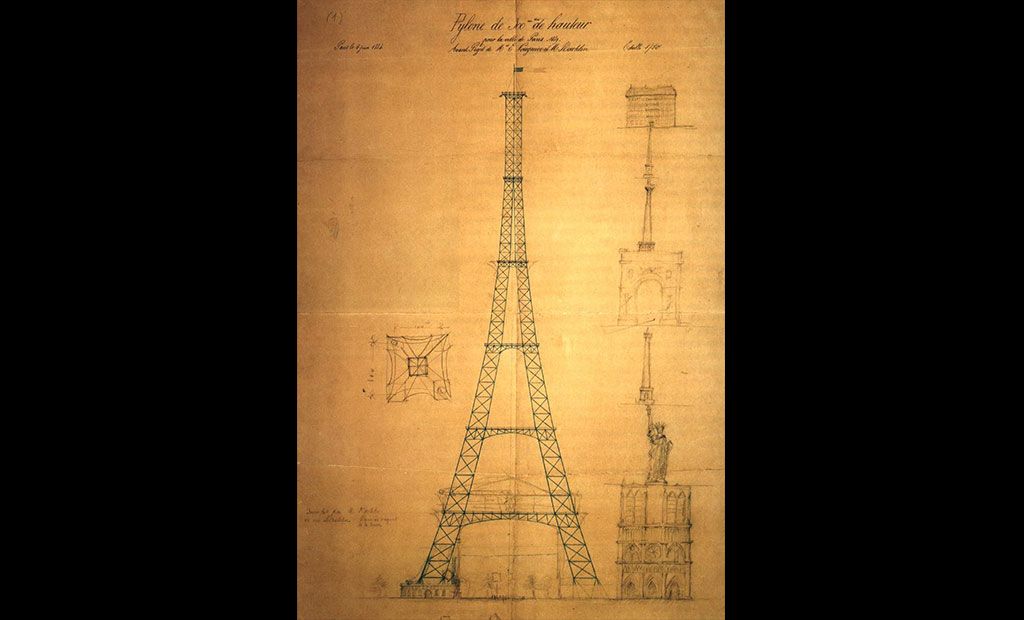 نقشه اولیه برج ایفل که در آن ارتفاع برج با کلیسای نوتردام، برج وندوم و طاق نصرت پاریس مقایسه شده است.نقشه اولیه برج ایفل که در آن ارتفاع برج با کلیسای نوتردام، برج وندوم و طاق نصرت پاریس مقایسه شده است.