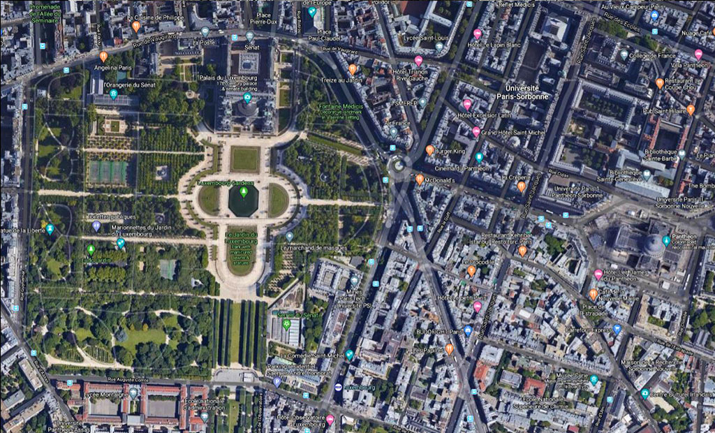 نقشه هوایی باغ لوگزامبورگ پاریس در مجاورت پانتئون