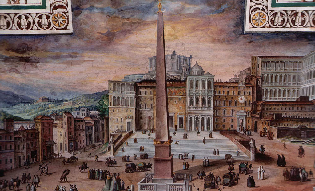 نقاشی قدیمی از صحن جلوی کلیسای سن پیتر قبل از ساخته شدن میدان سن پیتر